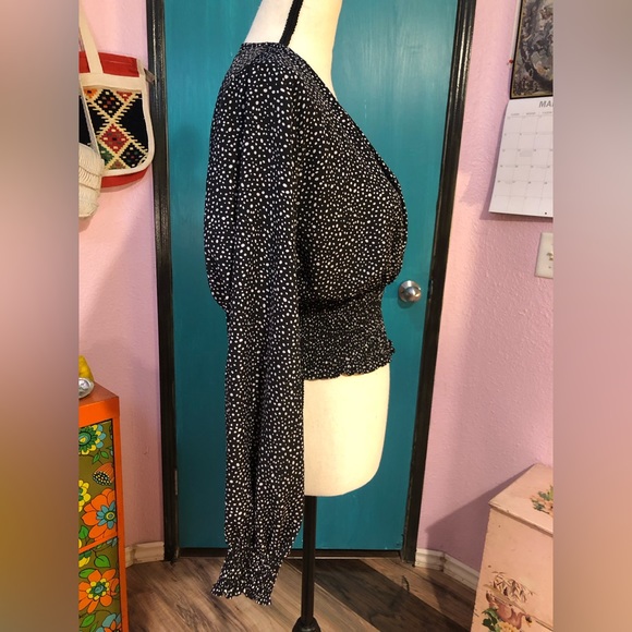 Long Sleeve Black + White Polka Dot V-Neck - Picture 2 of 15